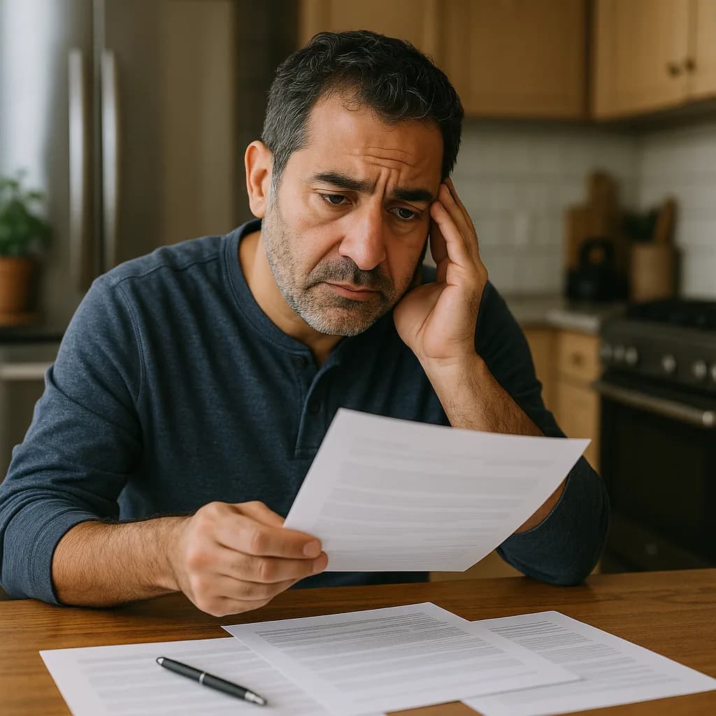 Stressed man reviewing financial documents at kitchen table with hand on forehead looking worried