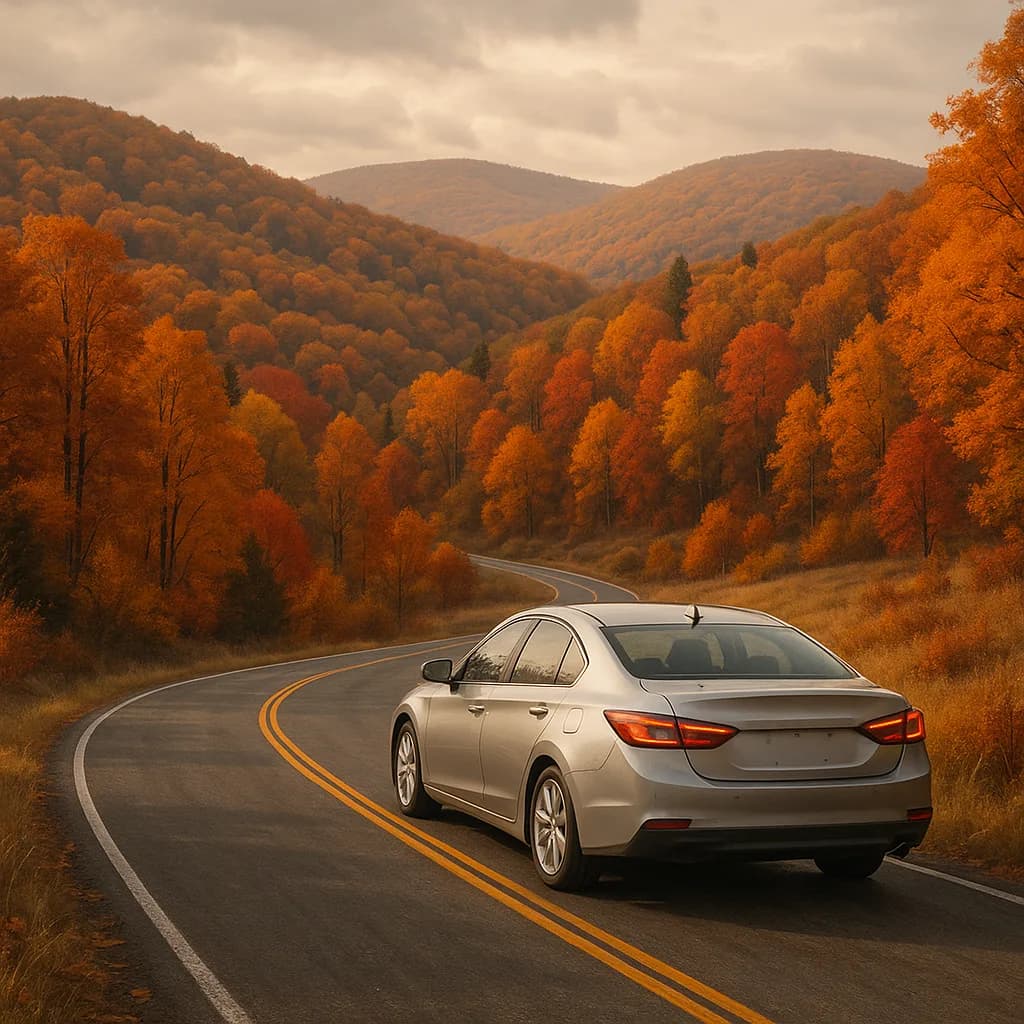 Silver car driving on winding road through autumn mountains with orange and gold fall foliage