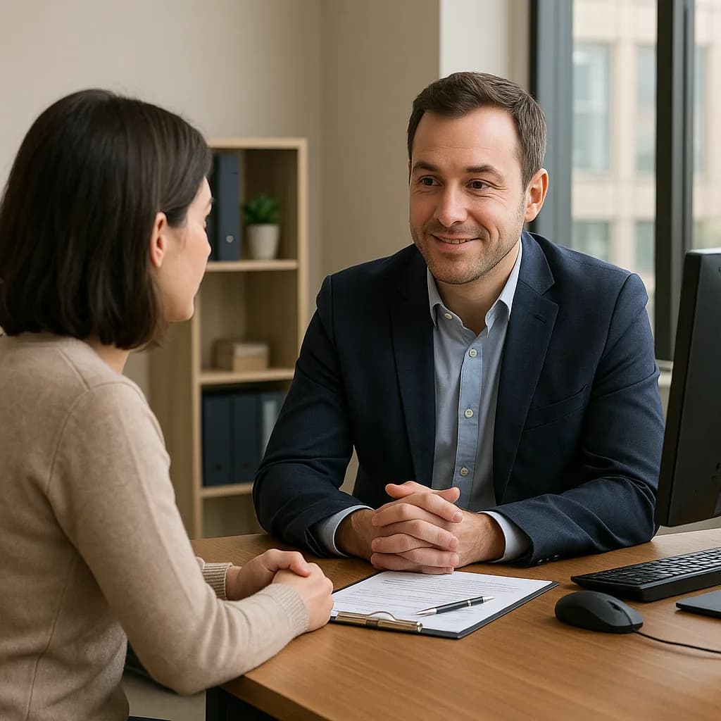 Business professional meeting with client across desk in modern office setting