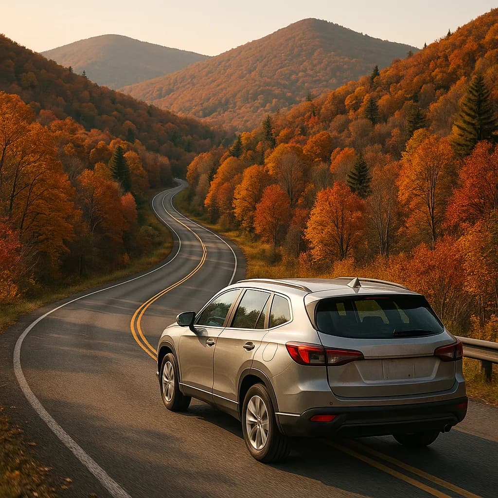 Silver SUV driving on winding mountain road through colorful autumn forest with orange and gold fall foliage
