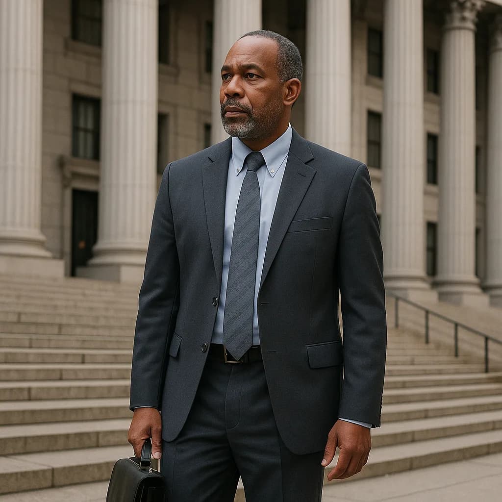 Professional Black businessman in suit standing on courthouse steps with briefcase