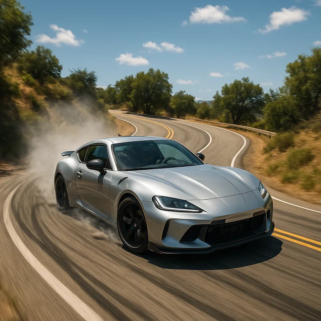 Silver sports car drifting on mountain road with tire smoke and motion blur
