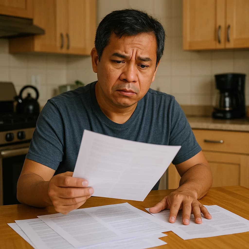 Worried man reviewing financial documents and bills at kitchen table