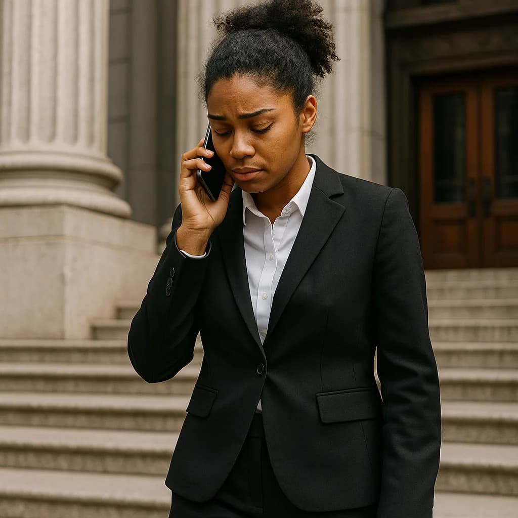 Professional woman in business suit talking on phone outside building with classical columns