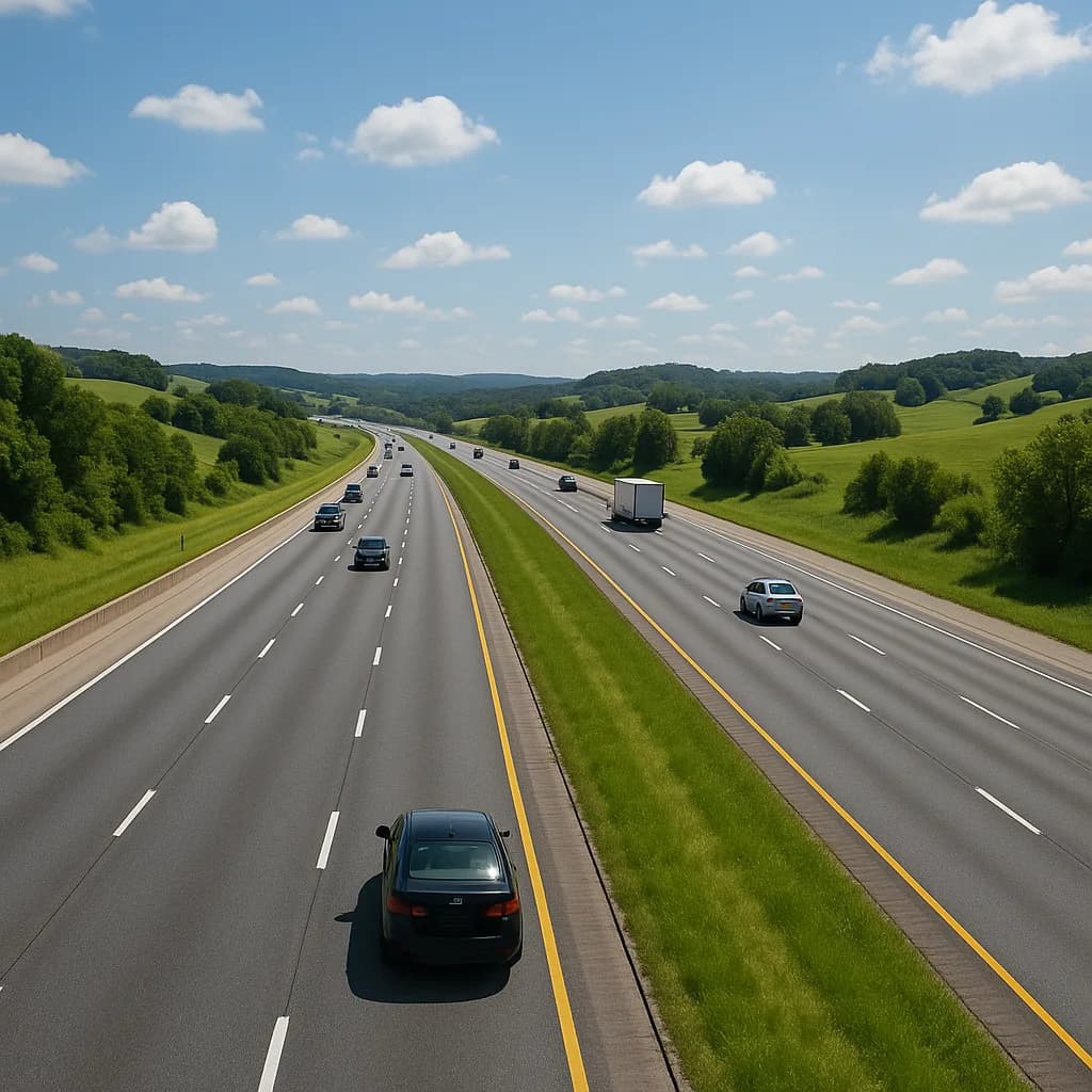 Highway through rolling green countryside with light traffic under blue sky with white clouds