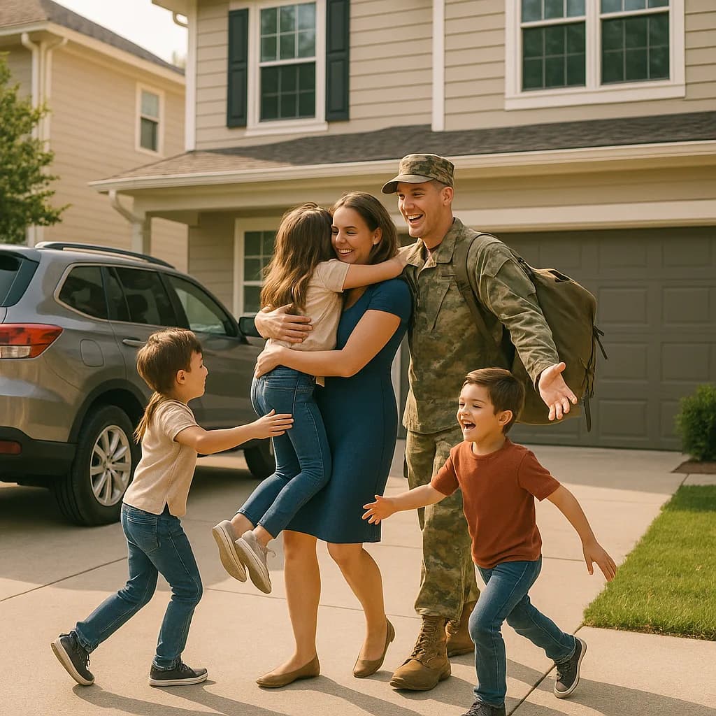 Military father reuniting with family in driveway as children run to greet him while daughter hugs mother