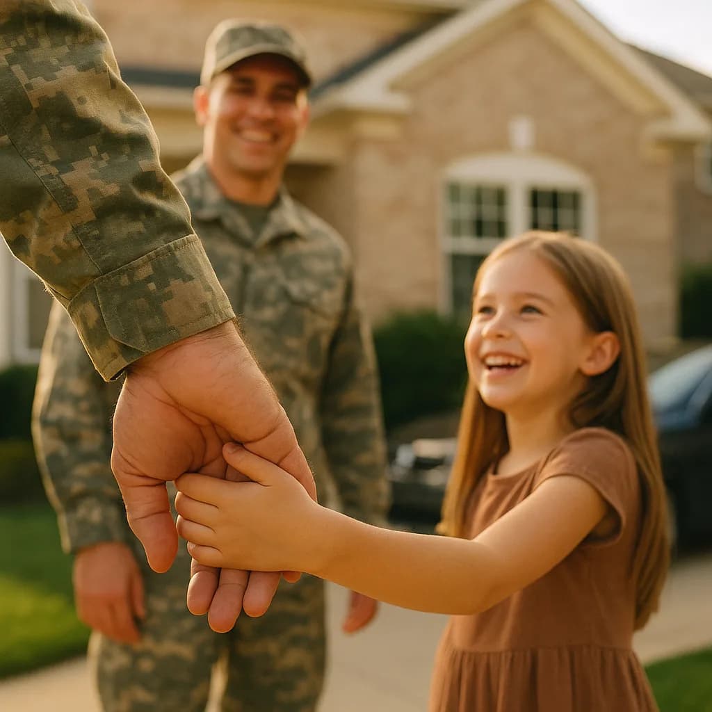 Military parent in camouflage holding hands with smiling young daughter outside home during homecoming reunion